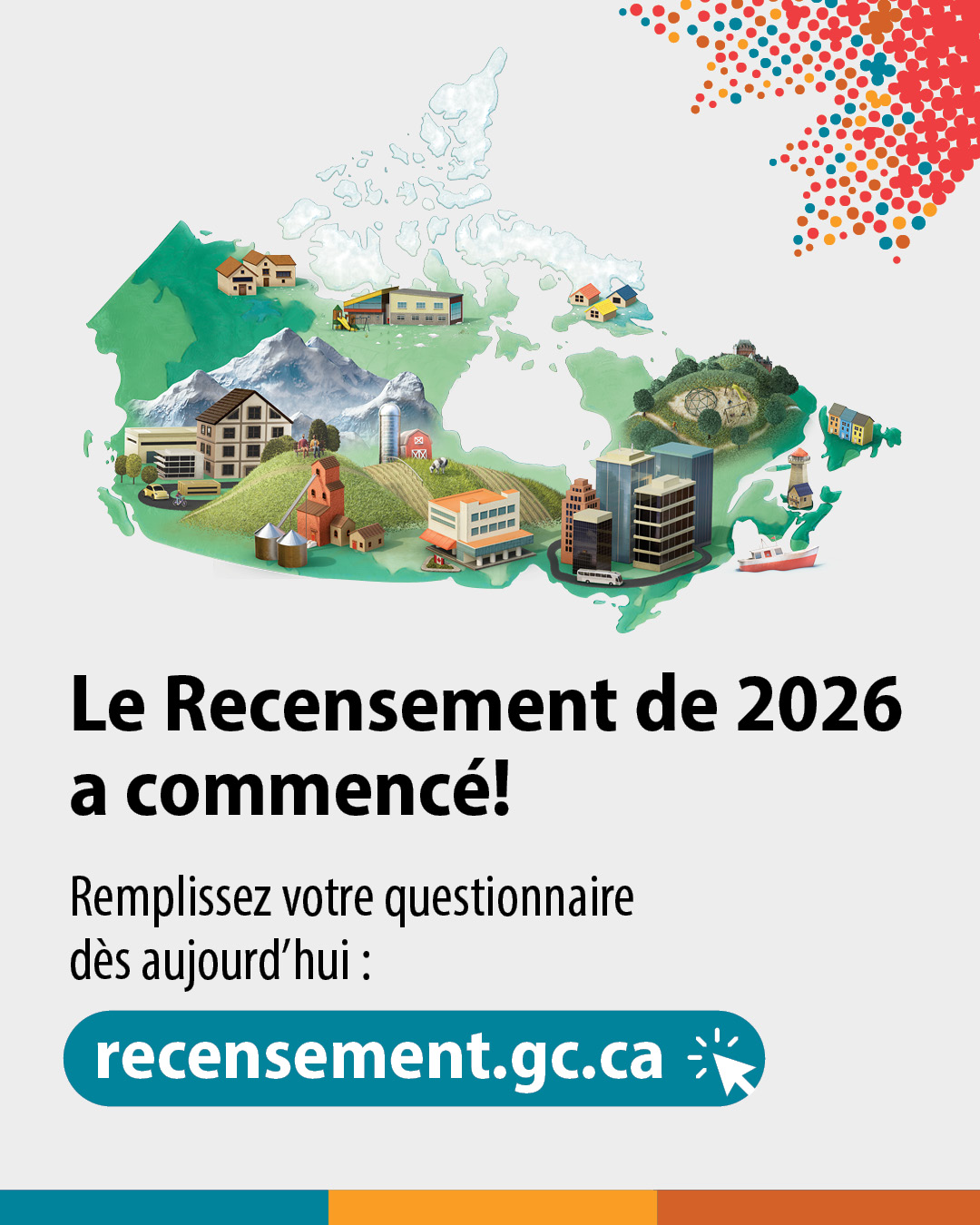 (Illustration d'une ville.) Le Recensement de 2026 a commencé! Remplissez votre questionnaire dès aujourd’hui : recensement.gc.ca