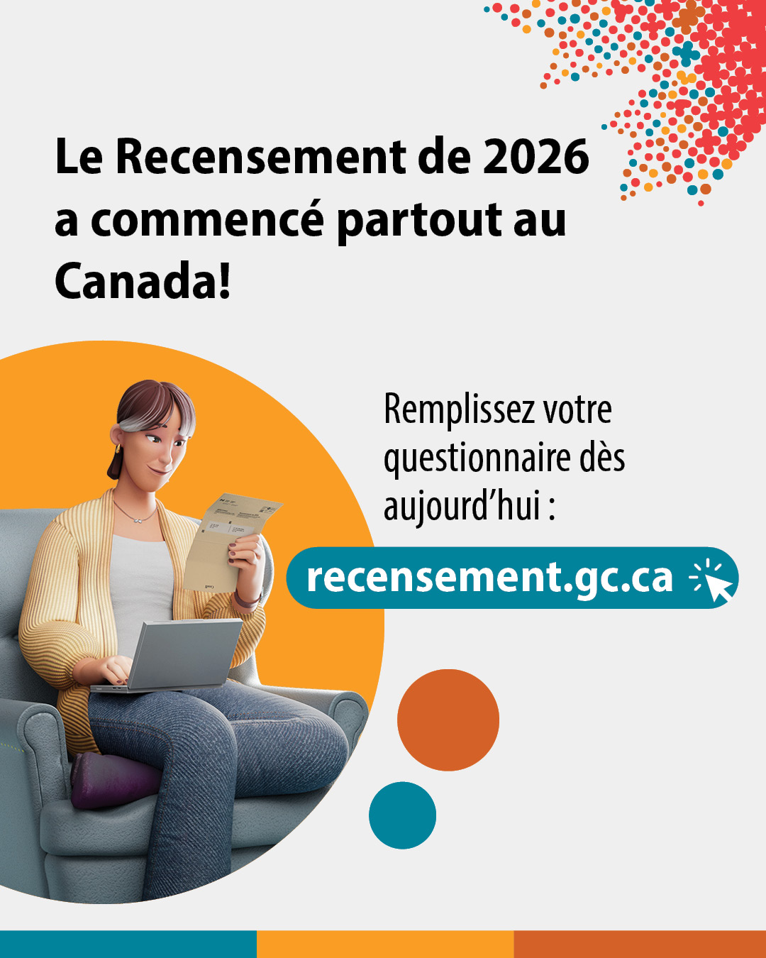 (Illustration d'une femme utilisant son ordinateur portable.) Le Recensement de 2026 a commencé partout au Canada! Remplissez votre questionnaire dès aujourd’hui : recensement.gc.ca