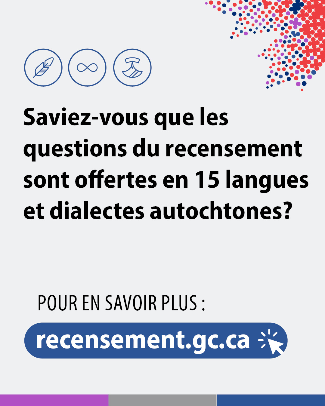 Vignette 5 : Saviez-vous que les questions du recensement sont offertes en 15 langues et dialectes autochtones? Pour en savoir plus : recensement.gc.ca  