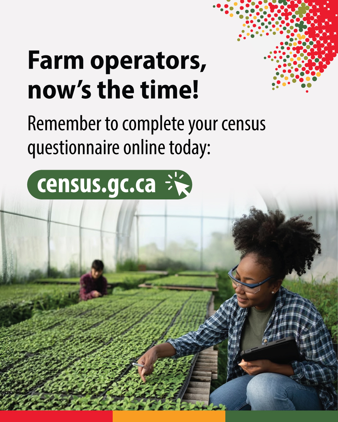 (Photo of a farmer in a greenhouse.) Farm operators, now's the time! Remember to complete your census questionnaire online today: census.gc.ca