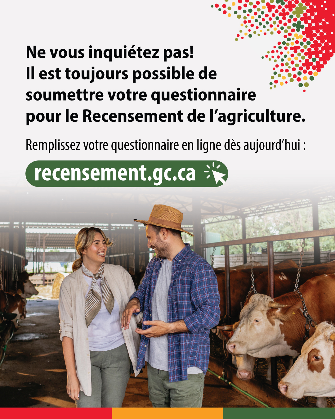 (Photo d'agriculteurs dans une étable.) Ne vous inquiétez pas! Il est toujours possible de soumettre votre questionnaire pour le Recensement de l'agriculture. Remplissez votre questionnaire en ligne dès aujourd'hui : recensement.gc.ca
