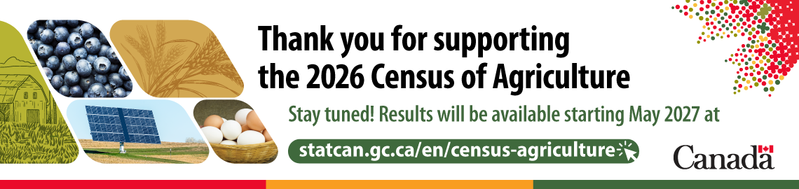 Thank you for supporting the 2026 Census of Agriculture. Stay tuned! Results will be available starting May 2027 at statcan.gc.ca/census-agriculture