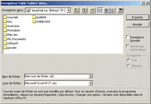 La figure 9c illustre l'écran qui vous permet d'enregistrer vos données dans le format Excel. Au bas de l'écran, choisissez 'Microsoft Excel 97'. La figure 9c illustre l'écran qui vous permet d'enregistrer vos données dans le format Excel. Au bas de l'écran, choisissez 'Microsoft Excel 97'.
