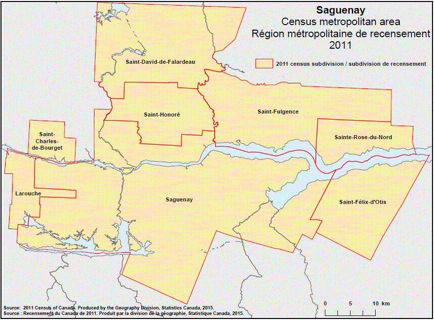 Carte géographique de la région métropolitaine de recensement 2011 de Saguenay, Québec. 