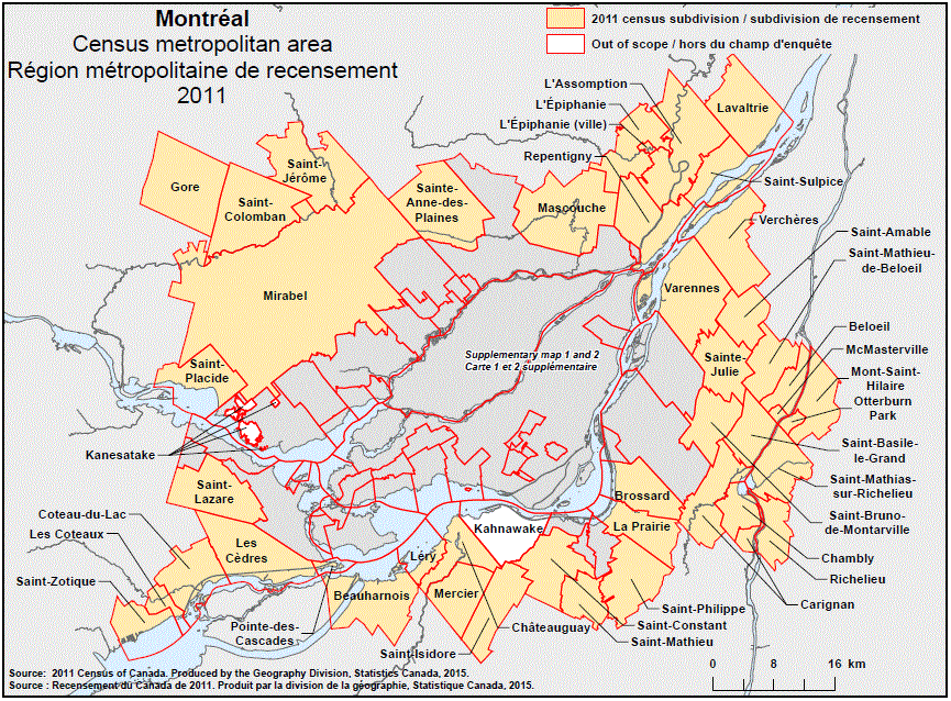 Geographical map of the 2011 Census metropolitan area of Montréal, Quebec – map 1 of 3. Geographical map of the 2011 Census metropolitan area of Montréal, Quebec – map 1 of 3.