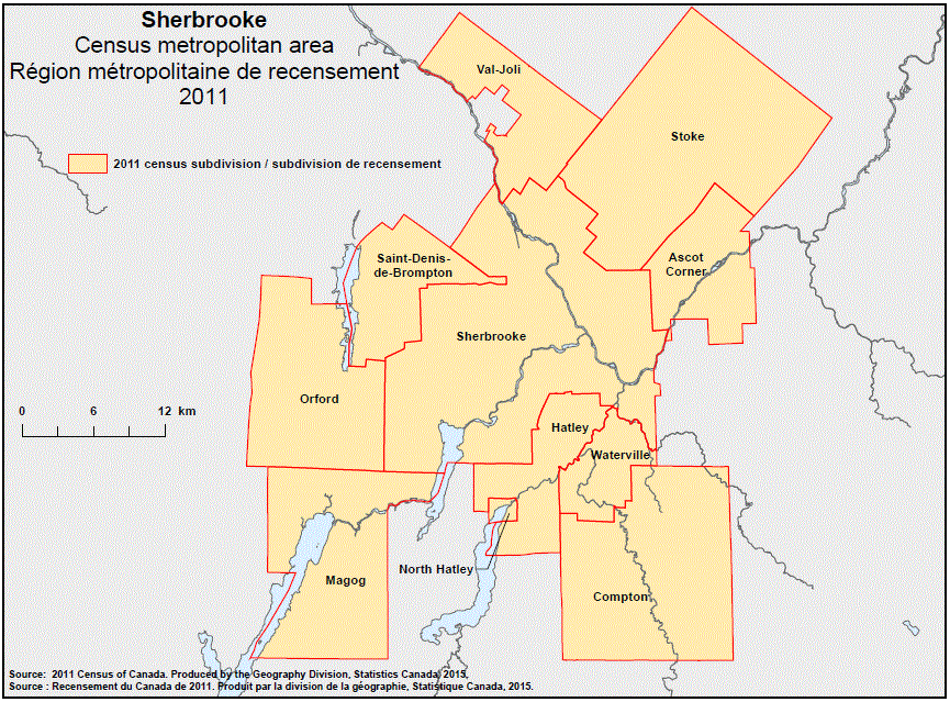 Geographical map of the 2011 Census metropolitan area of Sherbrooke, Quebec. Geographical map of the 2011 Census metropolitan area of Sherbrooke, Quebec.