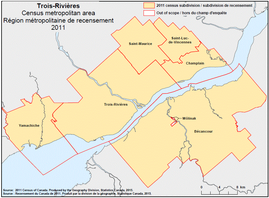 Geographical map of the 2011 Census metropolitan area of Trois-Rivières, Quebec. Geographical map of the 2011 Census metropolitan area of Trois-Rivières, Quebec.