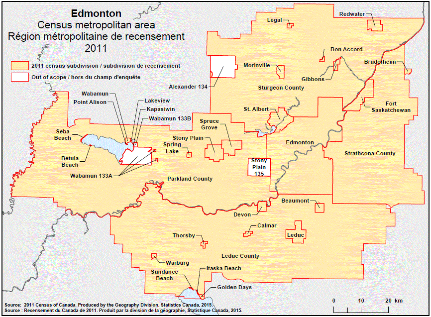 Geographical map of the 2011 Census metropolitan area of Edmonton, Alberta. Geographical map of the 2011 Census metropolitan area of Edmonton, Alberta.