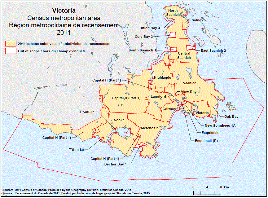 Carte géographique de la région métropolitaine de recensement 2011 de Victoria, Colombie-Britannique. 
