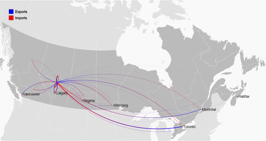map of domestic regional trade flows in Canada to and from Edmonton