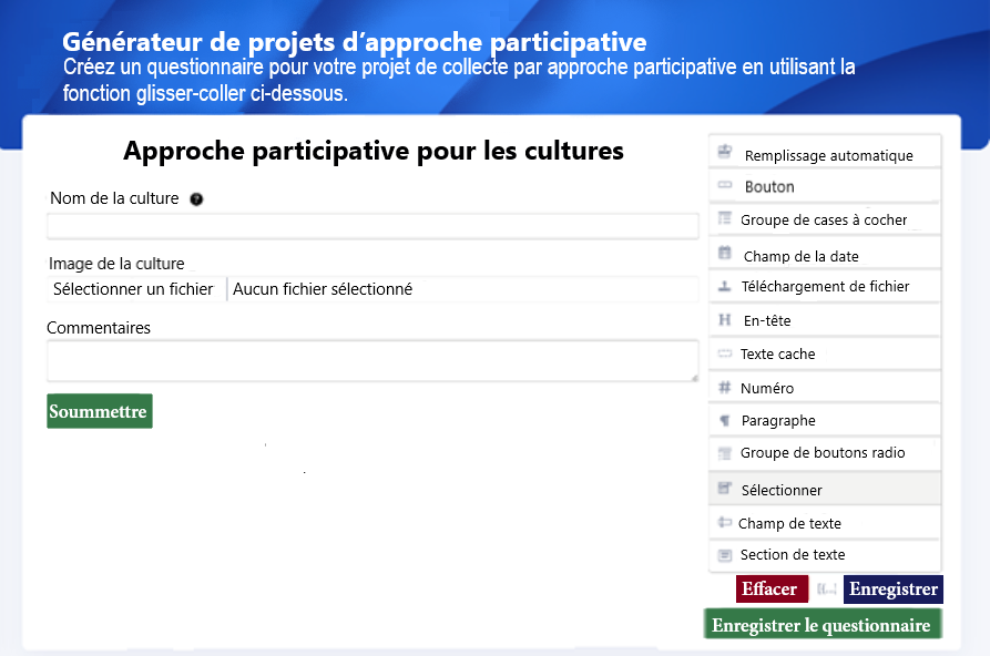 Page du générateur de projets d'approche participative