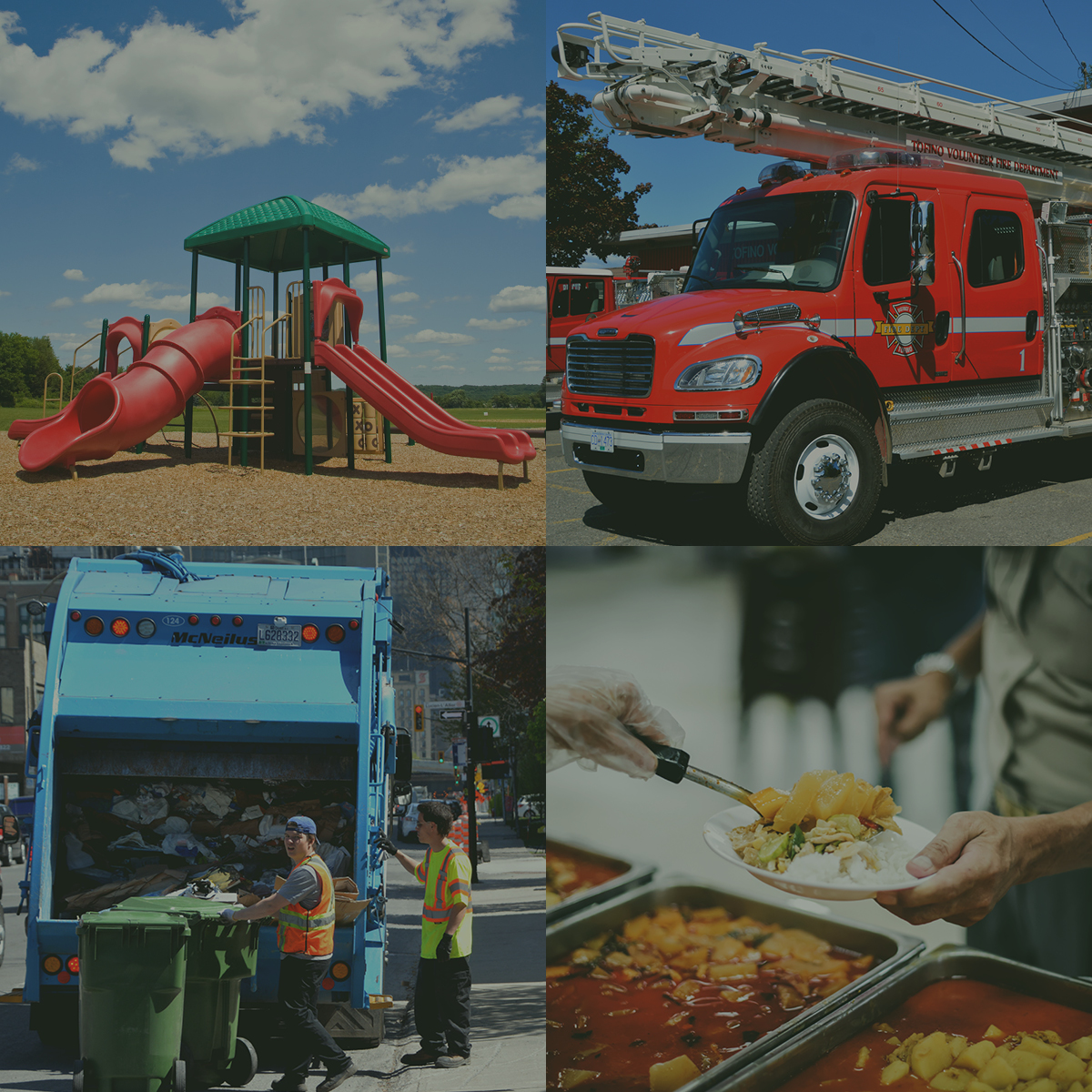 Collage of images of community services such as feeding the community, picking up garbage, fire truck and kids playground.