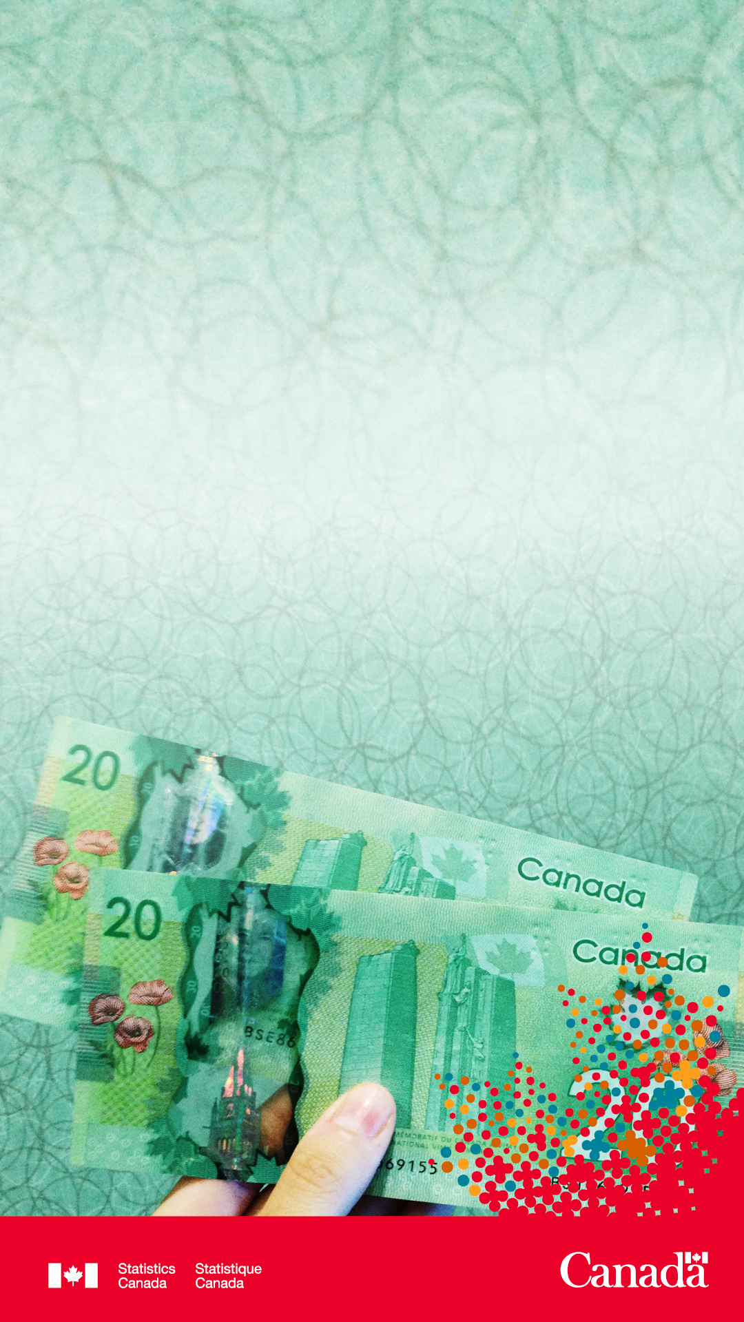 A person holding two Canadian twenty dollar bills