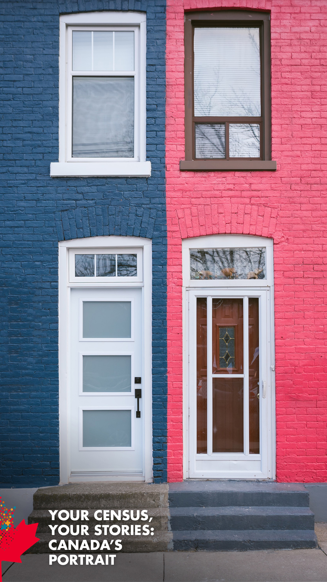Your census, your stories; Canada's portrait - Two brick row houses painted pink and blue