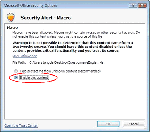 Figure 10b allows you to open the questionnaire by choosing “Enable this content”.
