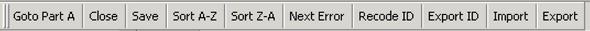 Figure 6a is an image of ten computer buttons: Go to Part A, Close, Save, Sort A-Z, Sort Z to A, Next error, Record ID, Export ID, Import, and Export.