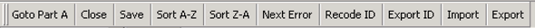 Figure 6a is an image of ten computer buttons: Go to Part A, Close, Save, Sort A-Z, Sort Z to A, Next error, Record ID, Export ID, Import, and Export. 