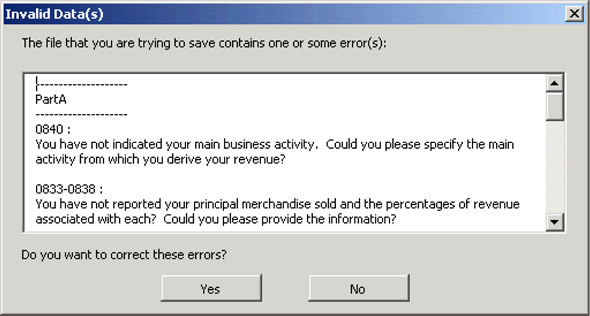 Figure 8b lists particular questions that you may have missed when filling in your questionnaire and asks if you would like to complete them now. These missed questions appear as errors. 