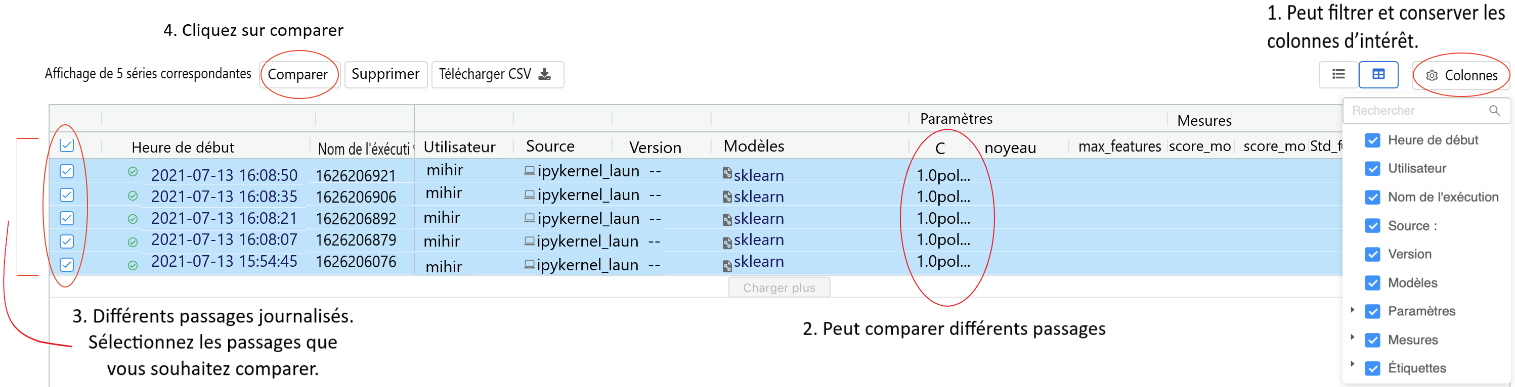 Figure 4 : Personnalisation et comparaison de différents passages à l'aide de l'IU de MLflow