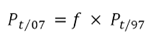 The price index P at time (t) with base period 2007 is given by the price index P at time (t) with base period 1997, multiplied by the rebasing factor, f.
