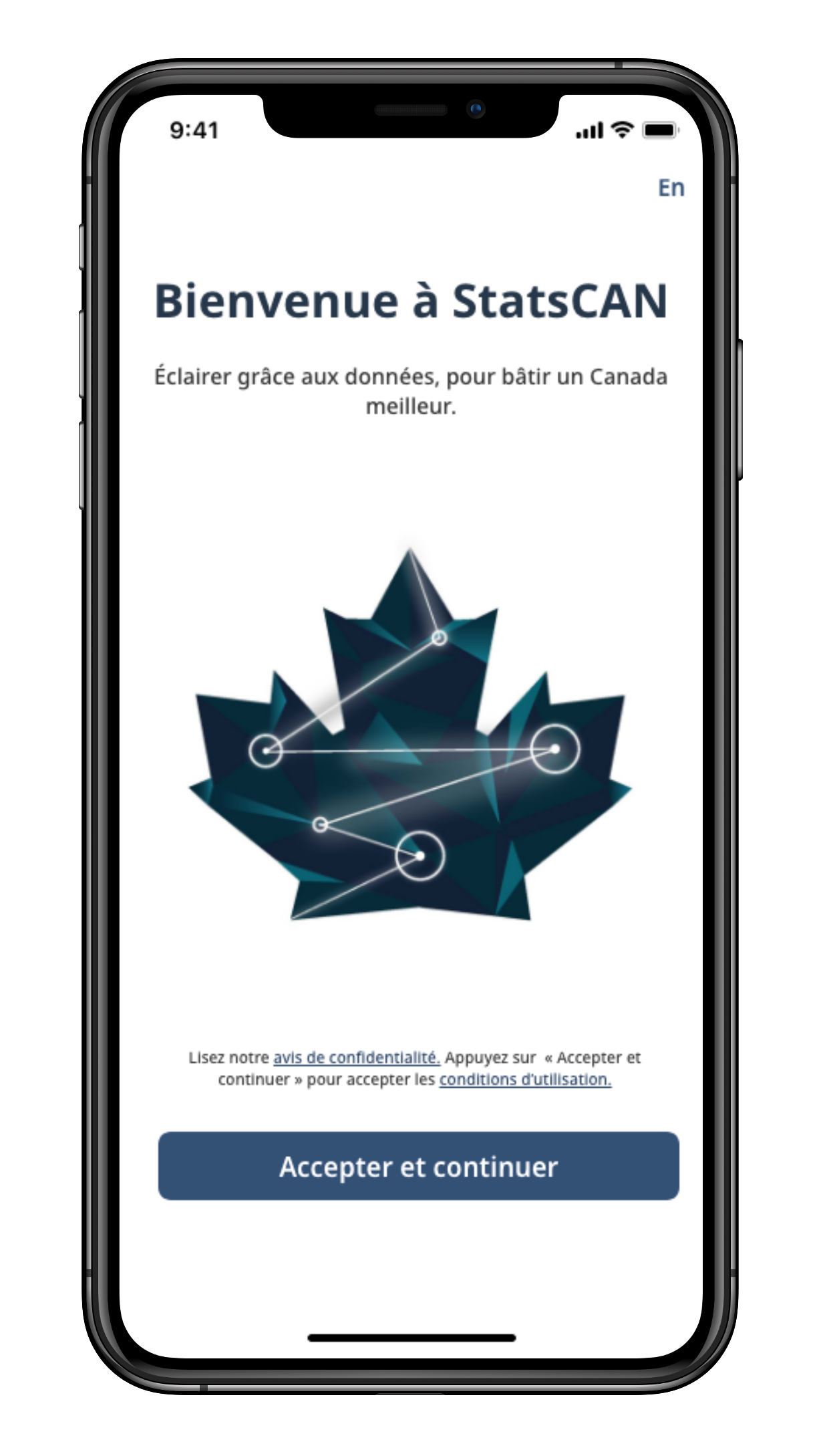 Écran d'accueil de l'application mobile StatsCan