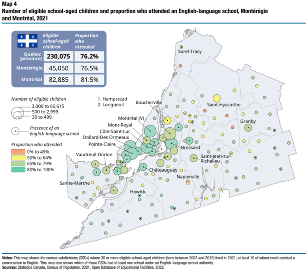Maps and key facts on schooling in English-language schools in Quebec in 2021