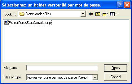 La figure 1 illustre l'écran 'Sélectionnez un fichier verrouillé par mot de passe'. Le nom complet du fichier QPSED que vous venez de télécharger apparaît à l'écran.