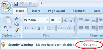 Figure 10a shows part of the Microsoft toolbar. In order to open the questionnaire and activate the macros, you will need to go to the 'Options' button on the security toolbar.