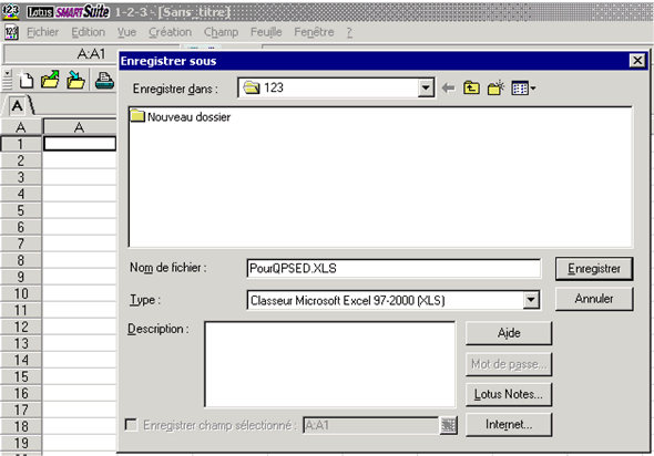 La figure 9a illustre un écran qui vous aide à convertir vos données du format Lotus au format Excel. Choisissez 'Enregistrer sous' sous 'Fichier'.