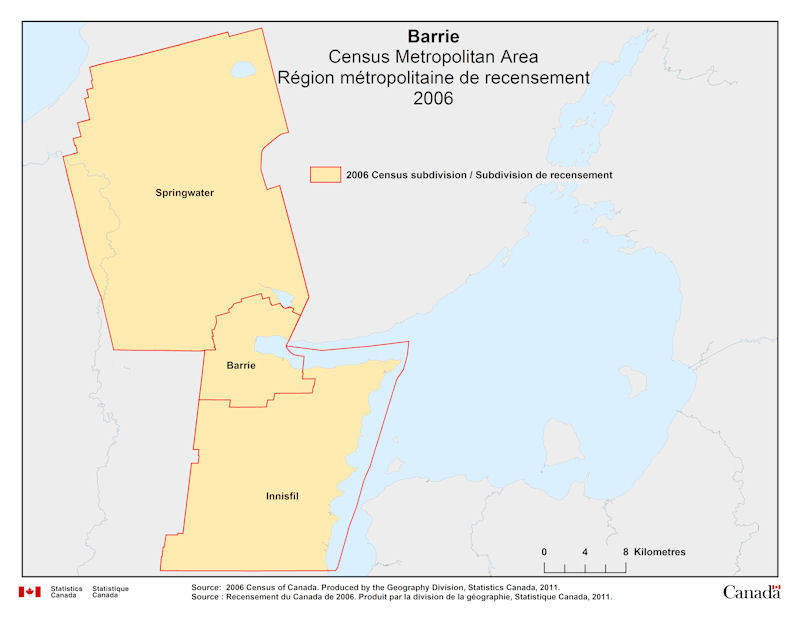 Geographical map of 2006 Census Metropolitan Area of Barrie, Ontario