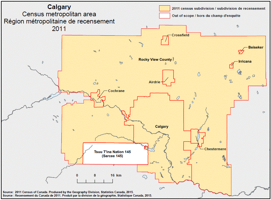 Carte géographique de la région métropolitaine de recensement 2011 de Calgary, Alberta.
