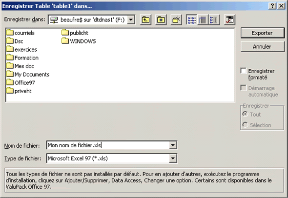 La figure 9c illustre l’écran qui vous permet d’enregistrer vos données dans le format Excel. Au bas de l’écran, choisissez « Microsoft Excel 97 ».