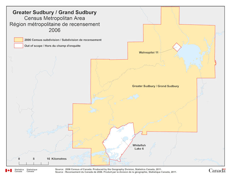Geographical map of 2006 Census Metropolitan Area of Greater Sudbury