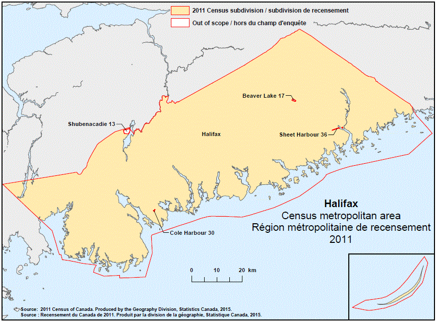 Geographical map of the 2011 Census metropolitan area of Halifax, Nova Scotia.