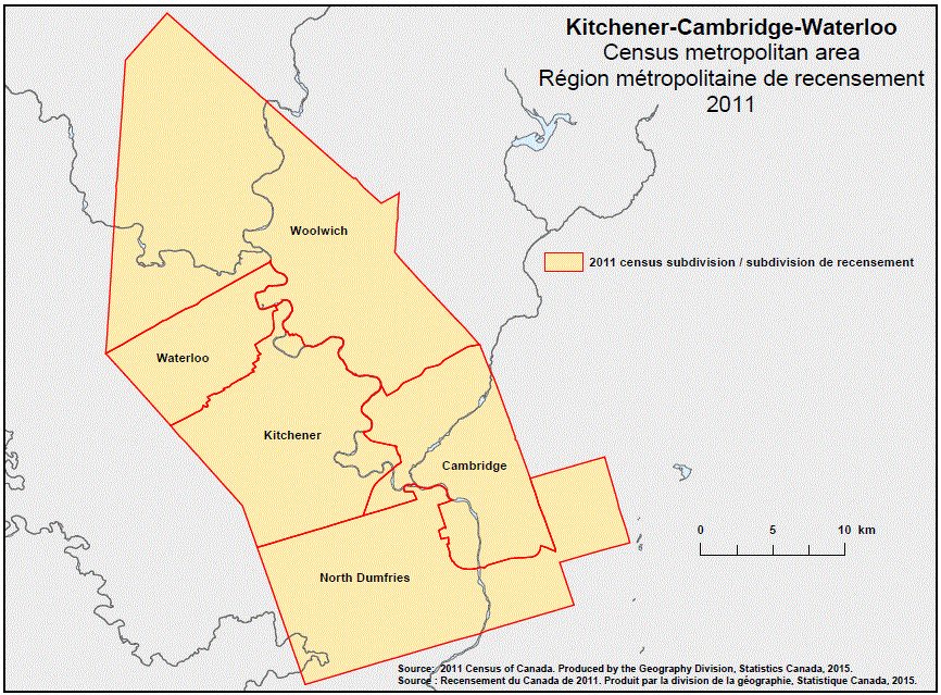 Geographical map of the 2011 Census metropolitan area of Kitchener-Cambridge-Waterloo, Ontario.