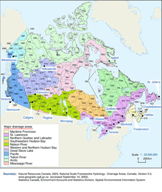 Major drainage areas and sub-drainage areas map of Canada