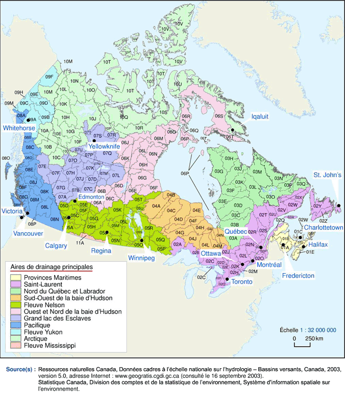 Carte du Canada sur les aires de drainage principales et sous-aires de drainage.
