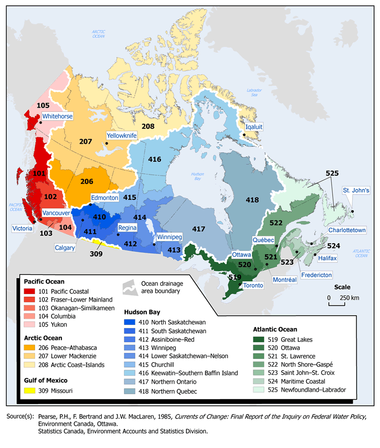 Ocean drainage areas and drainage regions map of Canada