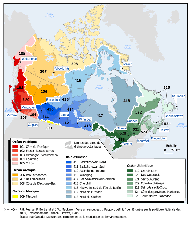 Carte du Canada sur les aires de drainage principales et sous-aires de drainage.