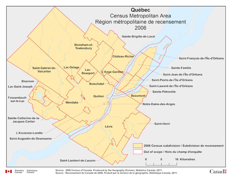 Geographical map of 2006 Census Metropolitan Area of Québec, Quebec