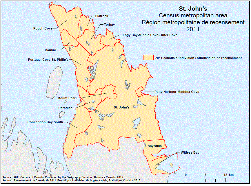 Carte géographique de la région métropolitaine de recensement 2011 de St. John’s, Terre-Neuve-et-Labrador