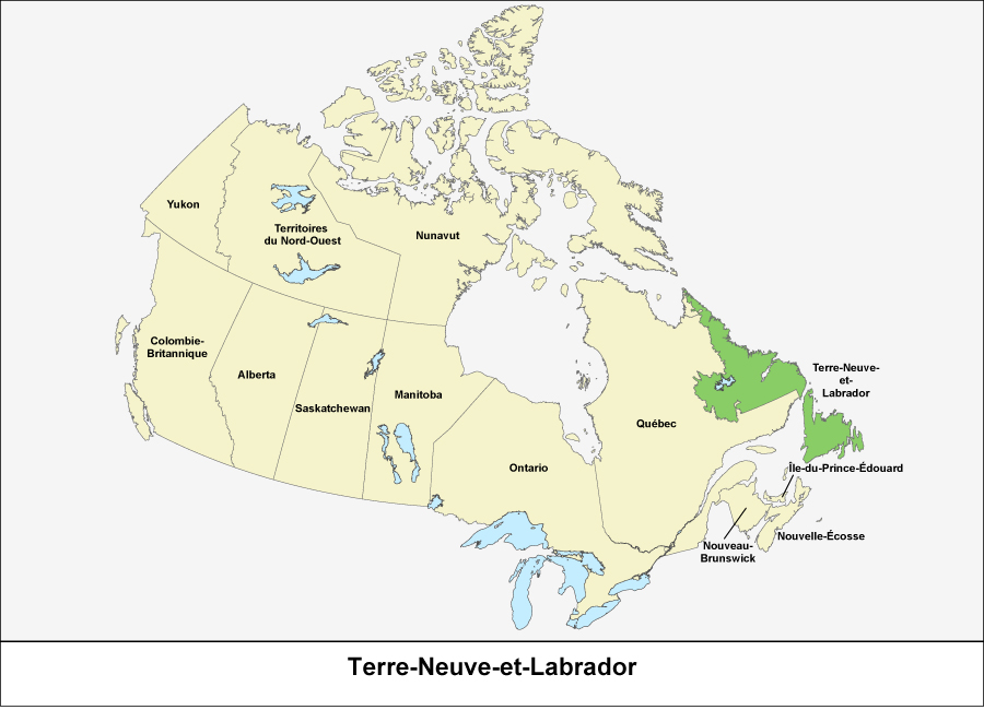 Carte du Canada montrant la province de Terre-Neuve-et-Labrador en vert