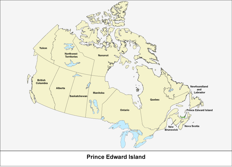 Map of Canada showing the province of Prince Edward Island in green