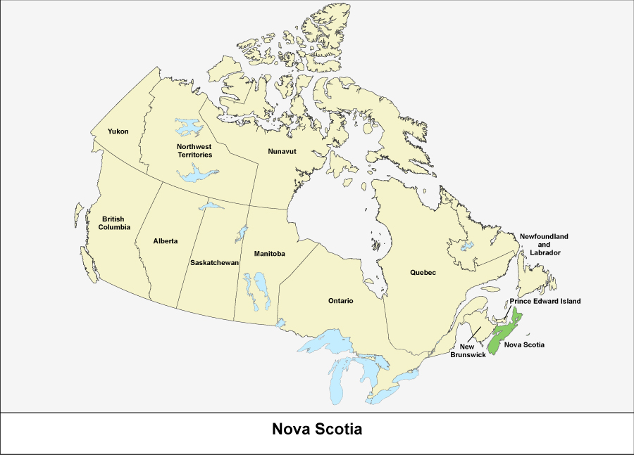 Map of Canada showing the province of Nova Scotia in green