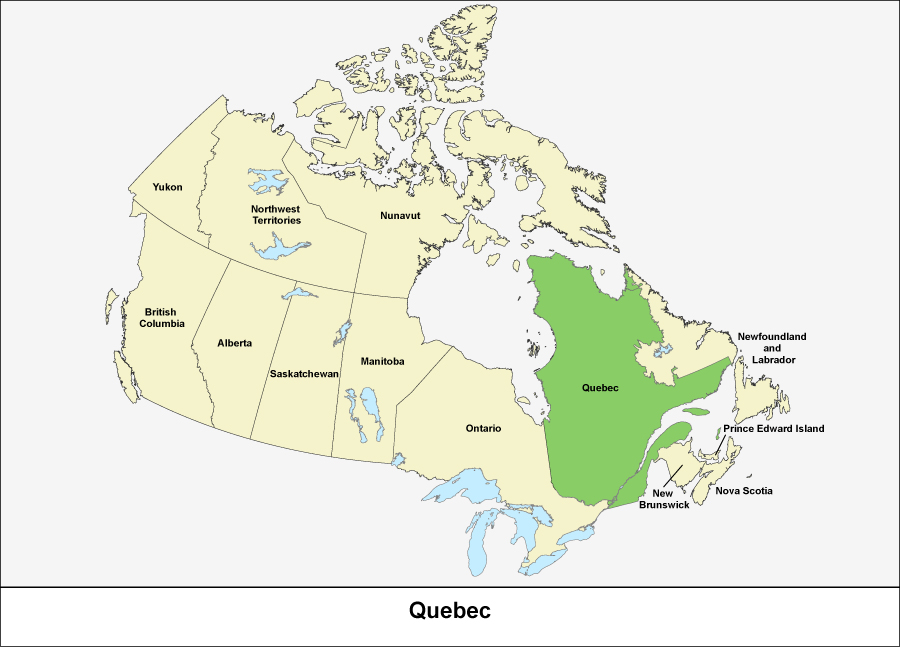 Map of Canada showing the province of Quebec in green
