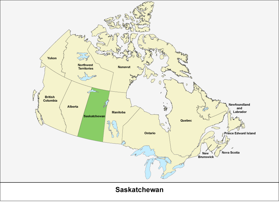 Map of Canada showing the province of Saskatchewan in green