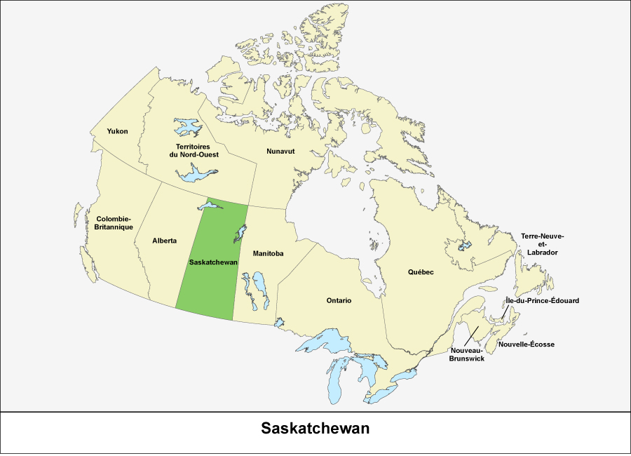 Carte du Canada montrant la province de la Saskatchewan en vert