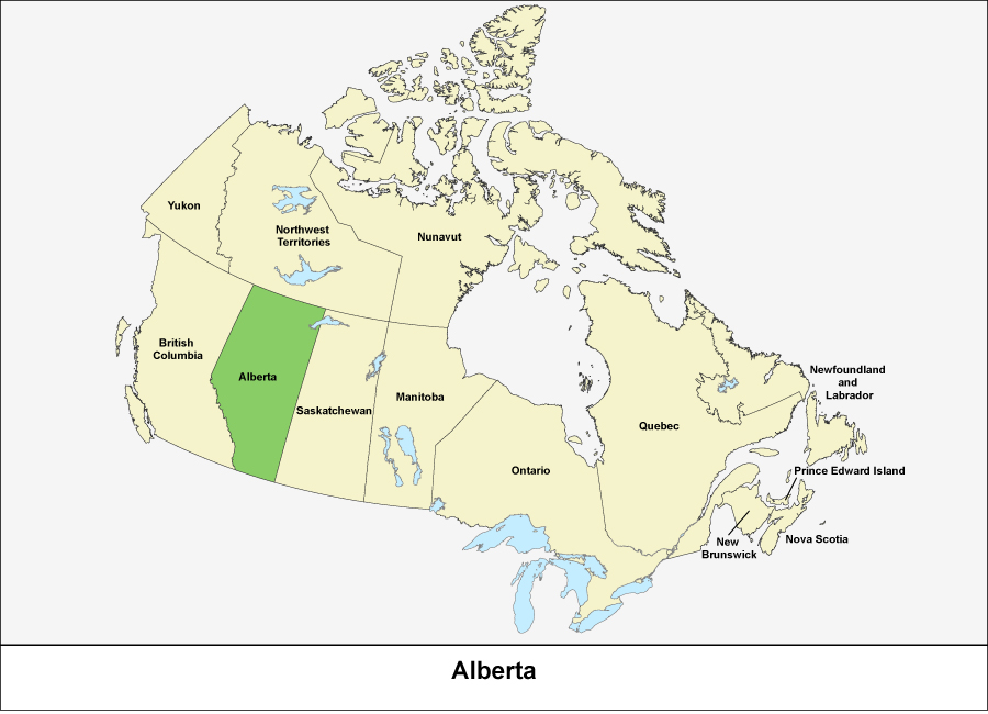 Map of Canada showing the province of Alberta in green