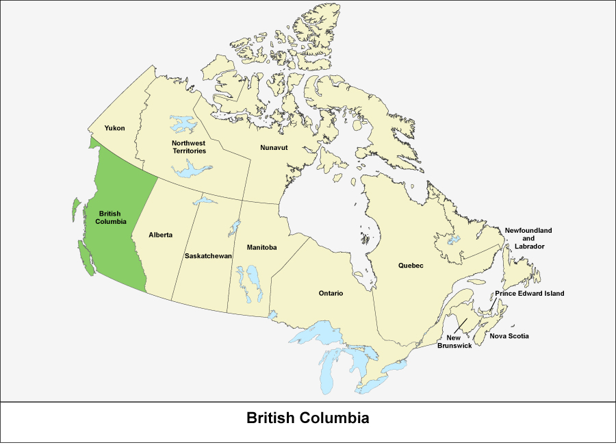Map of Canada showing the province of British Columbia in green