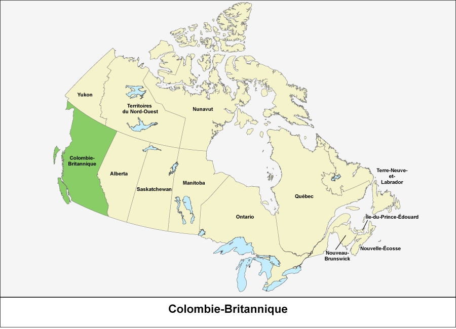 Carte du Canada montrant la province de la Colombie-Britannique en vert